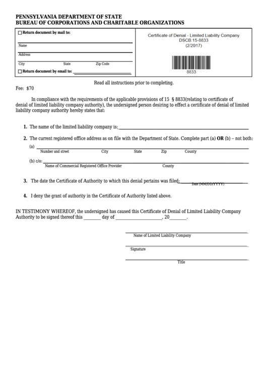 Fillable Form Dscb:15-8833 - Certificate Of Denial Printable pdf