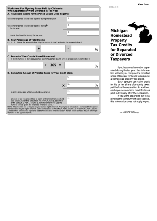 Fillable Form 2105 - Homestead Property Tax Credits For Separated Or Divorced Taxpayers Printable pdf