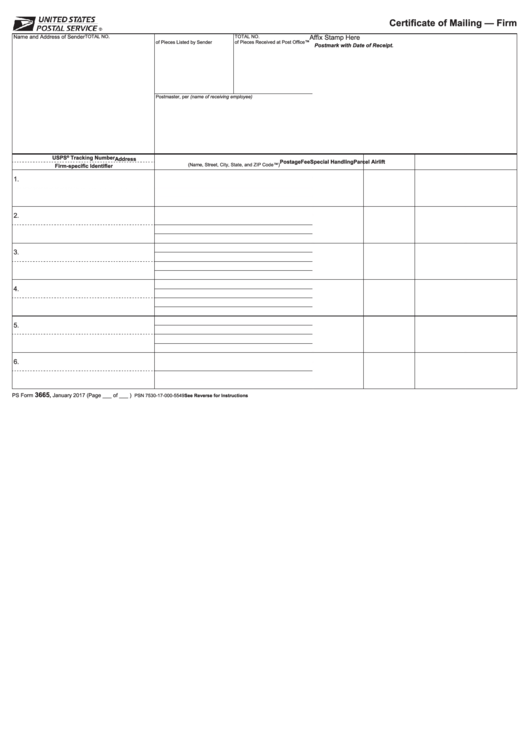 Ps Form 3665 - Certificate Of Mailing - Firm Printable pdf