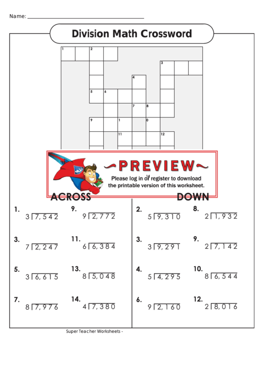Division Math Crossword (4 Digit Dividends) Workheet printable pdf download