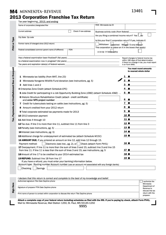 Fillable Form M4 - Corporation Franchise Tax Return - 2013 Printable pdf