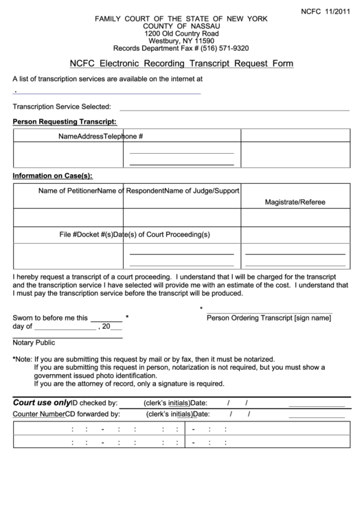 Fillable Ncfc Electronic Recording Transcript Request Form - Nys Family Court Printable pdf