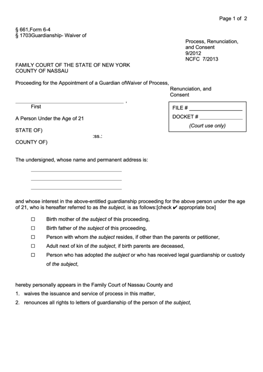 Fillable Form 6-4 - Guardianship Waiver Of Process, Renunciation, And Consent Printable pdf