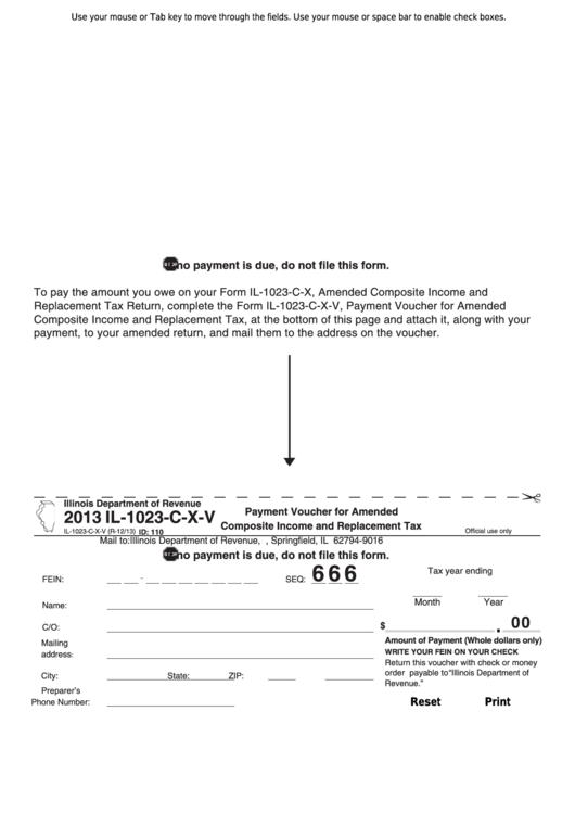 Fillable Form Il-1023-C-X-V - Payment Voucher For Amended Composite Income And Replacement Tax - 2013 Printable pdf