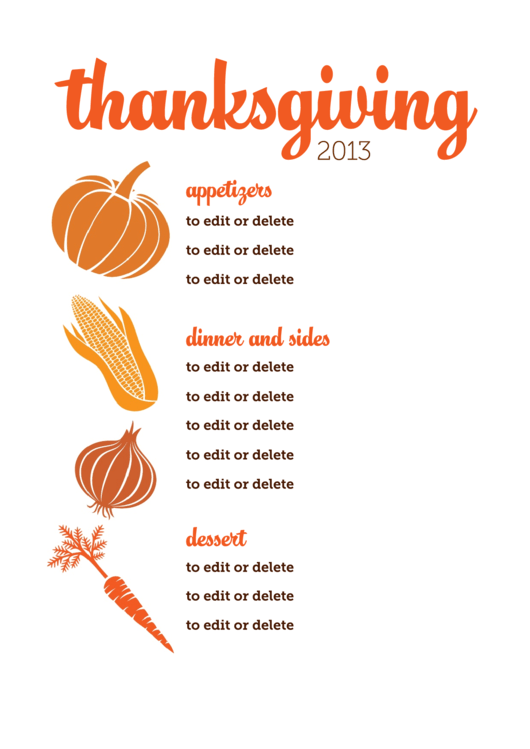 Thanksgiving Veggies Menu Template Printable pdf