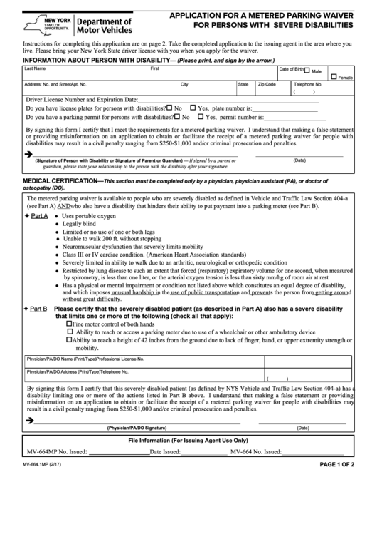 Form Mv-664.1mp - Application For A Metered Parking Waiver For Persons