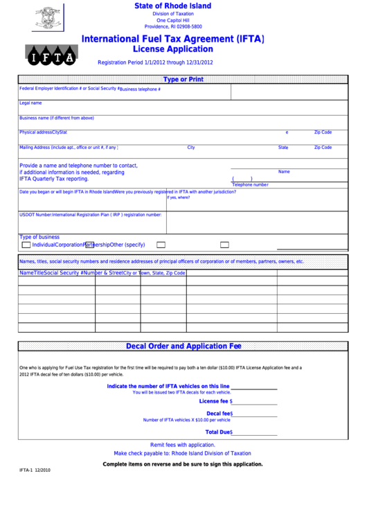 Form Ifta-1 - International Fuel Tax Agreement (Ifta) License Application Printable pdf