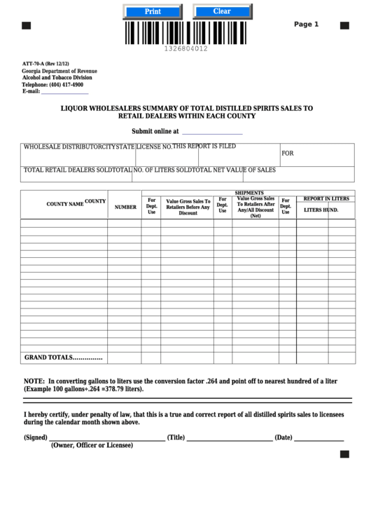 Fillable Form Att-70-A - Liquor Wholesalers Summary Of Total Distilled Spirits Sales To Retail Dealers Within Each County Printable pdf