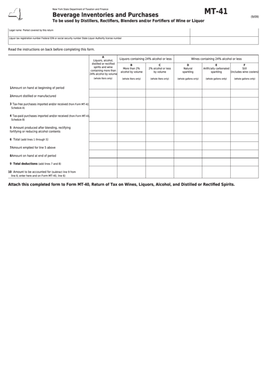 Form Mt-41 - Beverage Inventories And Purchases Printable pdf