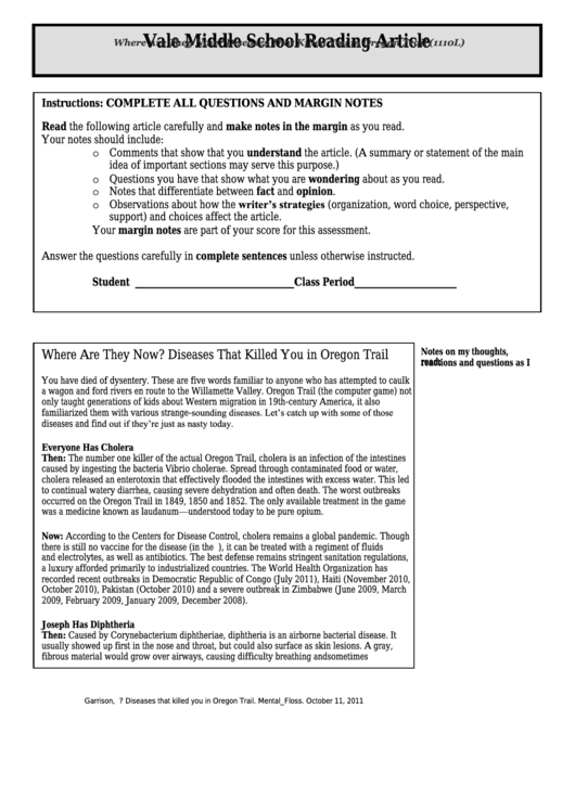 Where Are They Now Diseases That Killed You In Oregon Trail (1110l) - Middle School Reading Article Worksheet Printable pdf