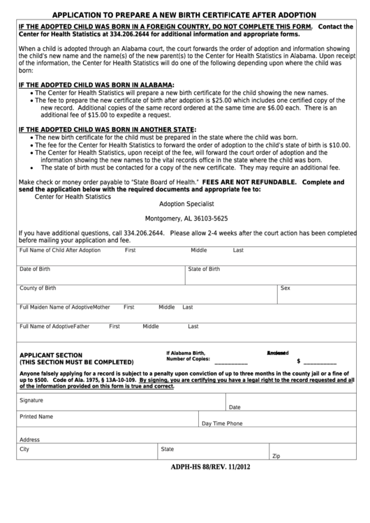 Fillable Form Adph-Hs 88 - Application To Prepare A New Birth Certificate After Adoption Printable pdf