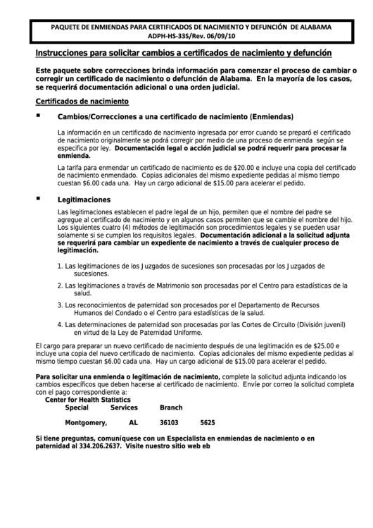 Form Adph-Hs-33s - Instrucciones Para Solicitar Cambios A Certificados De Nacimiento Y Defuncion Printable pdf