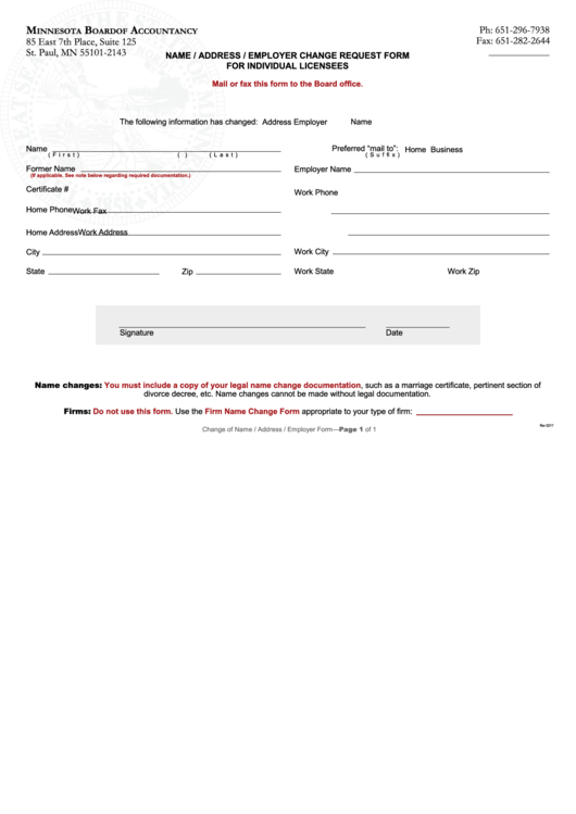 Fillable Name / Address / Employer Change Request Form For Individual Licensees - Minnesota Board Of Accountancy Printable pdf