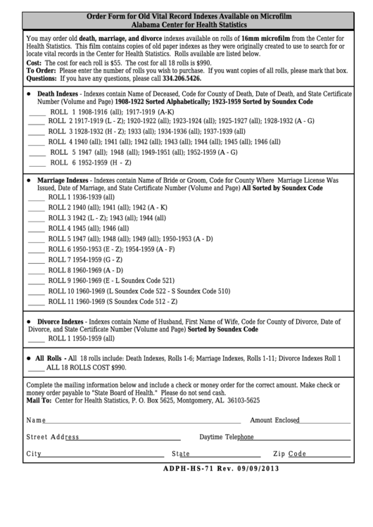 Form Adph-Hs-71 - Order Form For Old Vital Record Indexes Available On Microfilm Alabama Center For Health Statistics Printable pdf