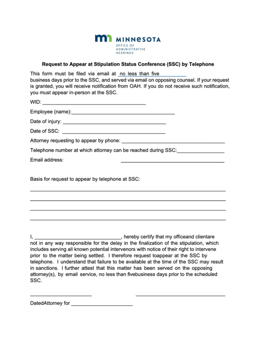 Fillable Request To Appear At Stipulation Status Conference (Ssc) By Telephone - Minnesota Board Of Accountancy Printable pdf