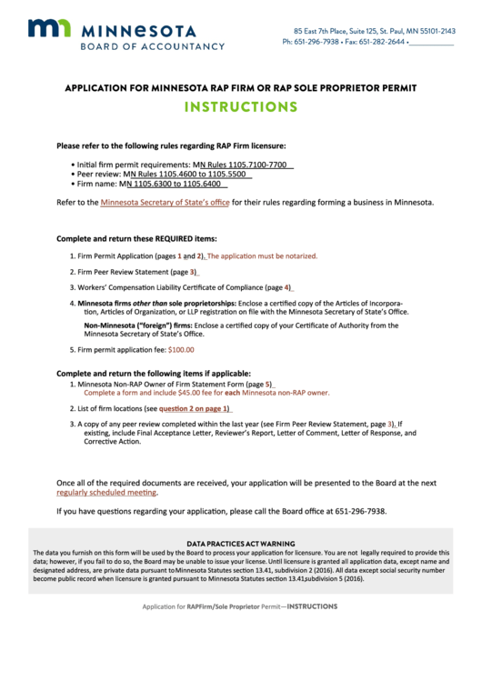Fillable Application For Minnesota Rap Firm Firm Or Rap Sole Proprietor Permit - Minnesota Board Of Accountancy Printable pdf