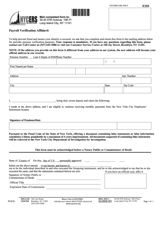 Form F355 - Payroll Verification Affidavit Printable pdf