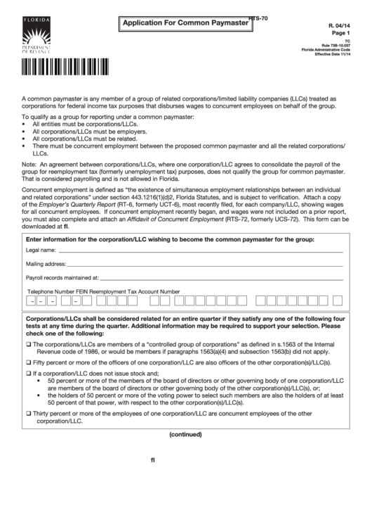 Form Rts-70 - Application For Common Paymaster Printable pdf