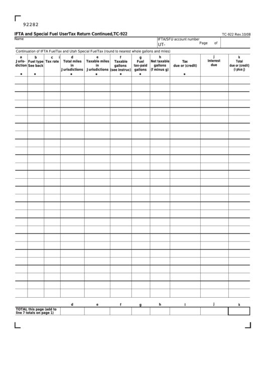 Fillable Form Tc-922 - Ifta And Special Fuel User Tax Return Continued Printable pdf