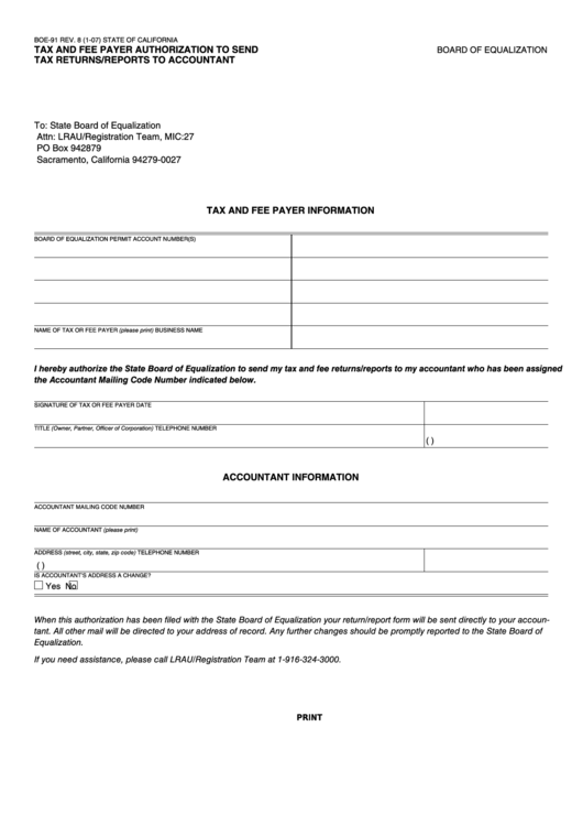 Fillable Form Boe-91 - Tax And Fee Payer Authorization To Send Tax Returns/reports To Accountant Printable pdf