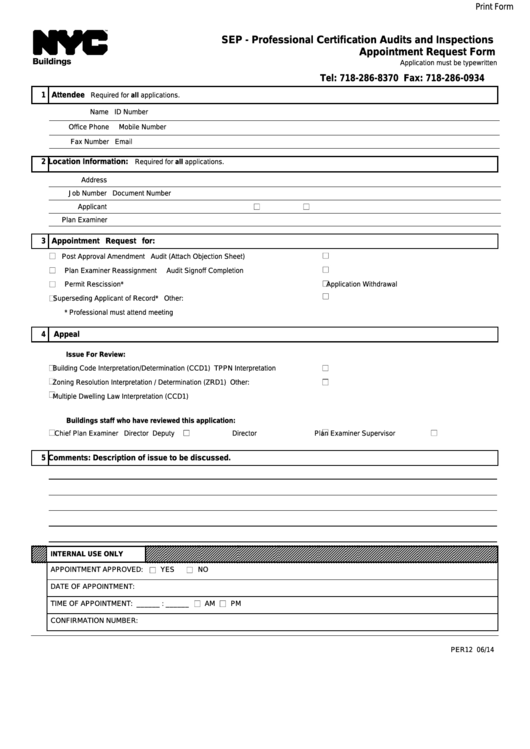 Fillable Form Per-12 - Sep - Professional Certification Audits And Inspections Appointment Request Form Printable pdf