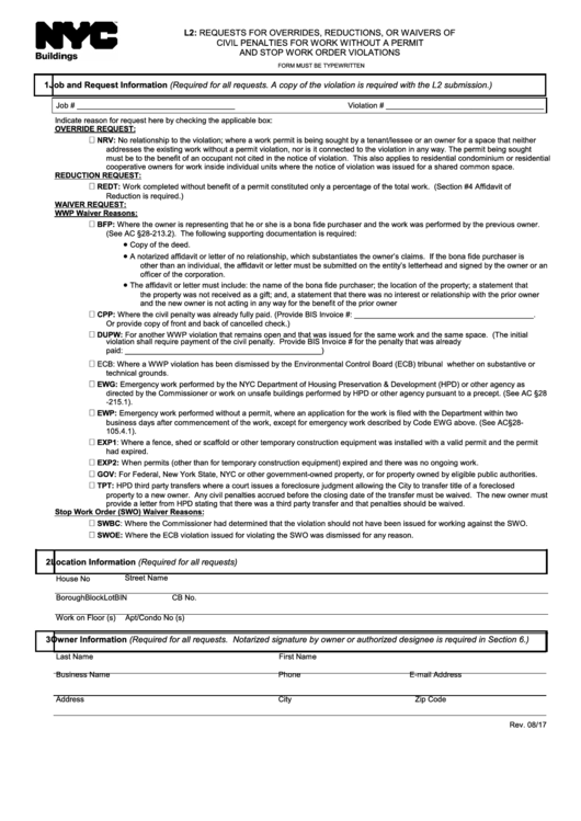 Fillable Form L2 - Requests For Overrides, Reductions, Or Waivers Of Civil Penalties For Work Without A Permit And Stop Work Order Violations Printable pdf