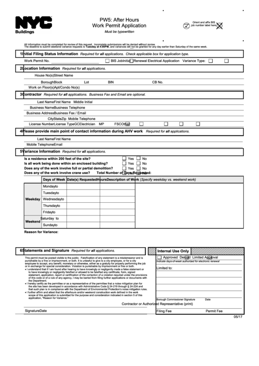 Fillable Form Pw5 - After Hours Work Permit Application Printable pdf