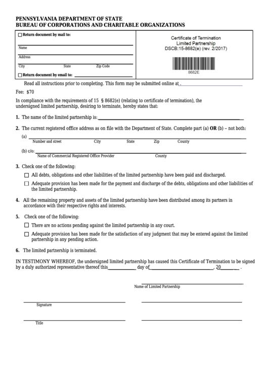 Fillable Form Dscb:15-8682(E) - Certificate Of Termination - Limited Parthership Printable pdf