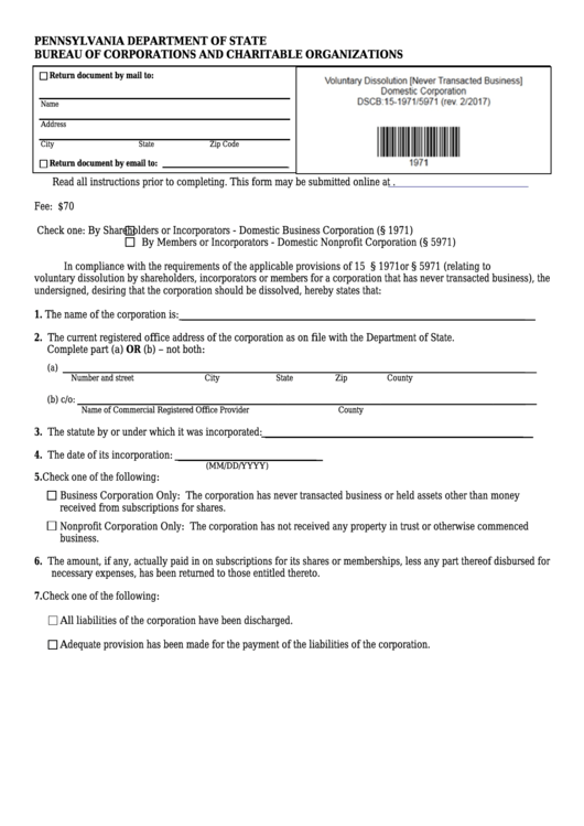 Fillable Form Dscb:15-1971/5971 - Voluntary Dissolution - Never Transacted Business Printable pdf