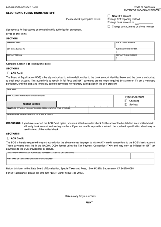 Fillable Form Boe-555-St - Authorization Agreement For Electronic Funds Transfer (Eft) Printable pdf