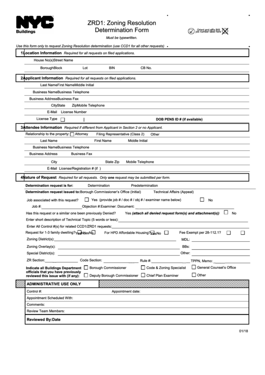 Fillable Form Zrd1 - Zoning Resolution Determination Form Printable pdf