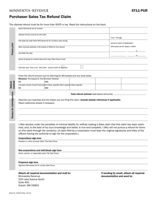 Fillable Form St11 -Pur - Purchaser Sales Tax Refund Claim And Schedule Printable pdf