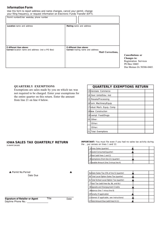 Form 31-004 Rf13a - Iowa Sales Tax Quarterly Return Printable pdf