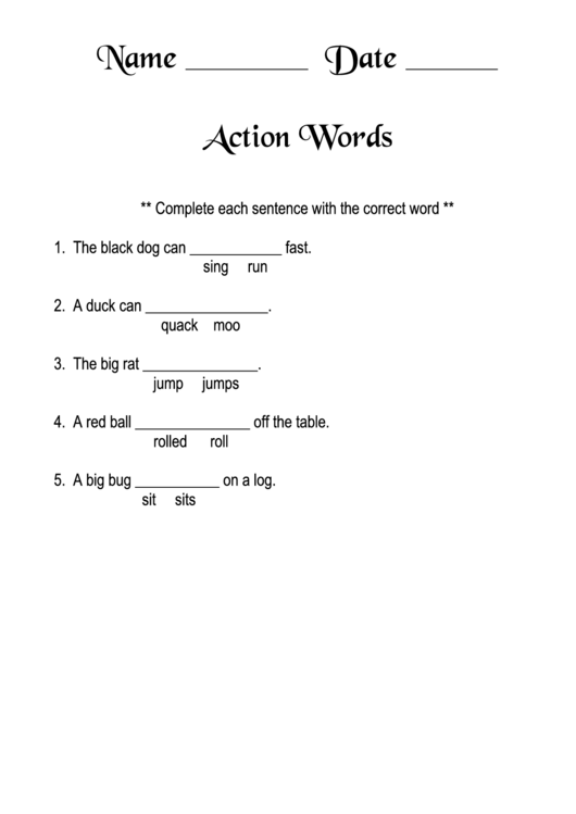 Action Words Worksheet Template Printable pdf