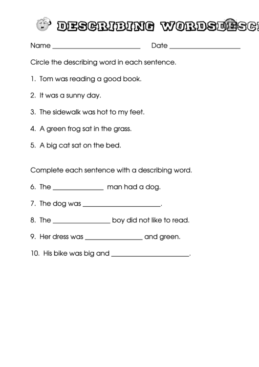 Describing Words Worksheet Template Printable pdf