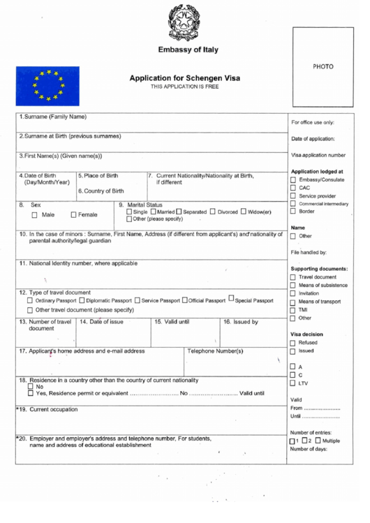 Application For Schengen Visa Embassy Of Italy People S Republic Of Bangladesh Printable Pdf