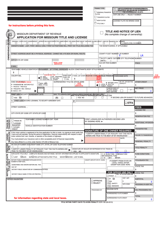 Fillable Form Dor108 Application For Missouri Title And License