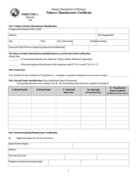 Fillable Form Tmc-1 - Tobacco Manufacturer Certificate Printable pdf