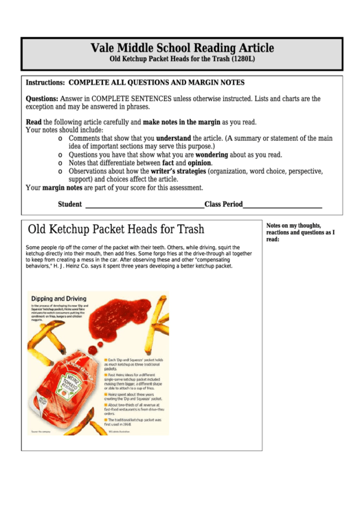 Old Ketchup Packet Heads For Trash (1280l) - Middle School Reading Article Worksheet Printable pdf