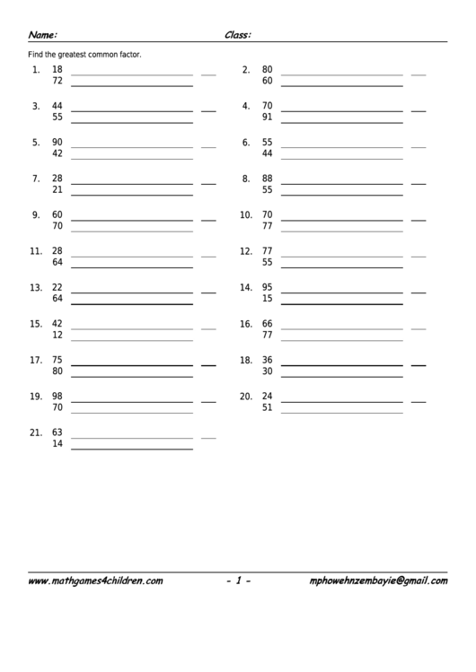 Greatest Common Factor Common Core Worksheet With Answer Key Printable pdf