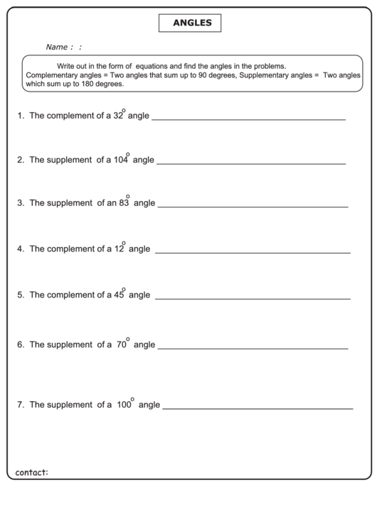 Complementary & Supplementary Angles Worksheet With Answer Key Printable pdf