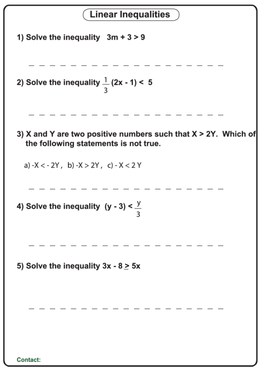 Linear Inequalities Standard Form Of A Linear Equation Worksheet With
