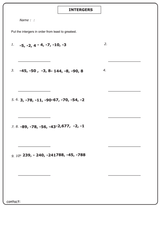 Ordering Integers Algebra Worksheet With Answer Key Printable pdf