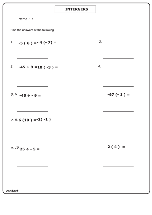 Add, Divide & Multiply Integers Algebra Worksheet With Answer Key Printable pdf