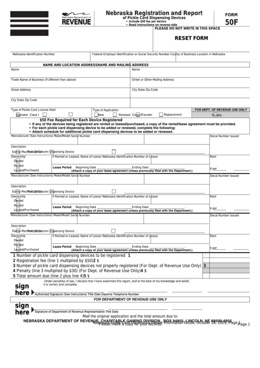 Fillable Form 50f - Nebraska Registration And Report Of Pickle Card Dispensing Devices Printable pdf