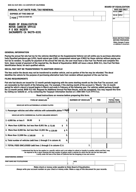 Fillable Form Boe-512 (S1f) - Annual Flat Rate Fuel Tax Renewal ...