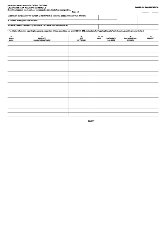 Fillable Form Boe-810-Cti - Cigarette Tax Receipt Schedule Printable pdf
