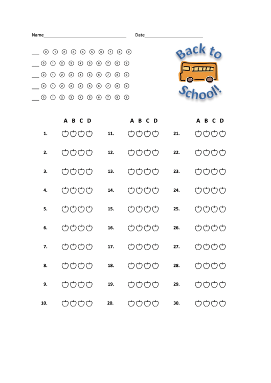 Back To School Answer Sheet Template Printable pdf