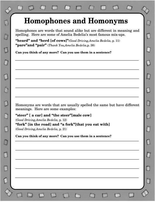 Homophones And Homonyms Amelia Bedelia Activity Sheet Printable pdf