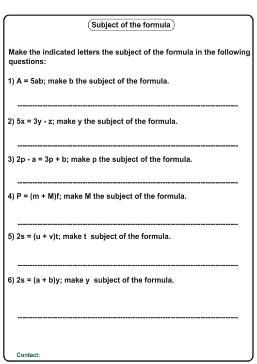 Making The Subject Of Formula Worksheet With Answer Key Printable pdf